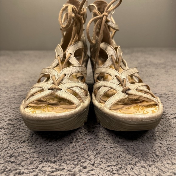 Fly London Yuke Wedge Sandals Womens Size 38 Leather Lace Up Gladiator Shoes - Picture 3 of 11